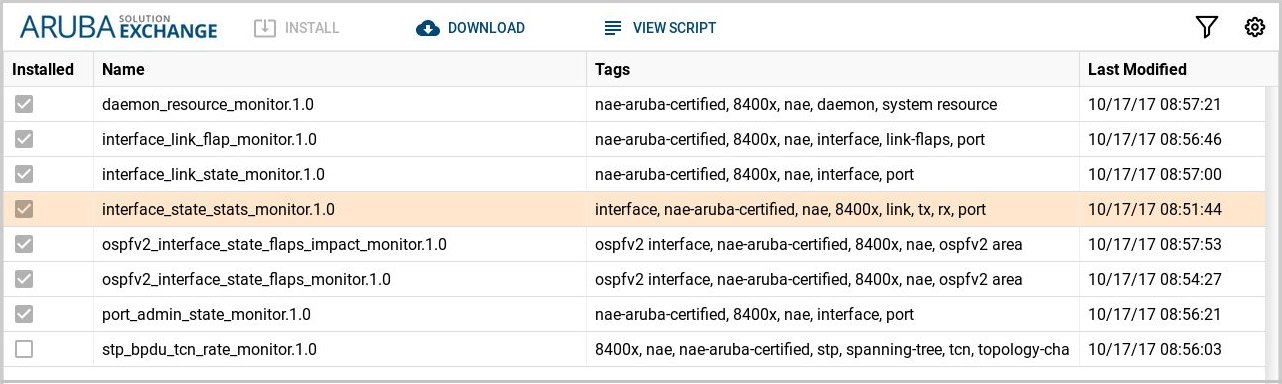 Aruba Solution Exchange in Web UI with script tags shown