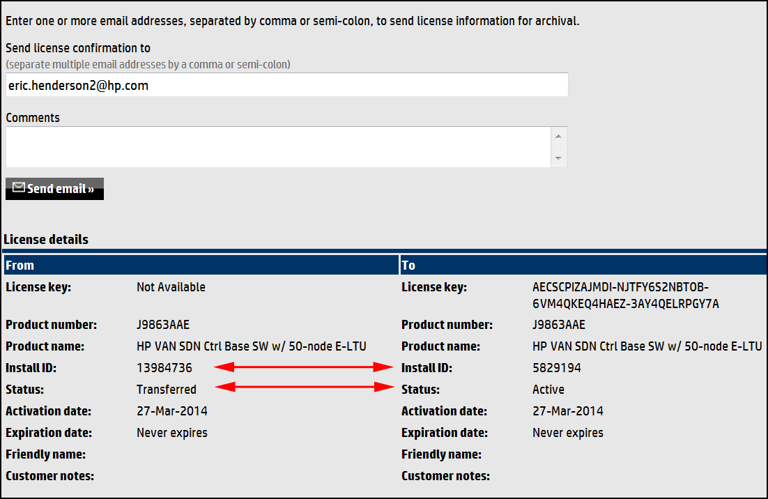 Viewing license transfer confirmation and details screens