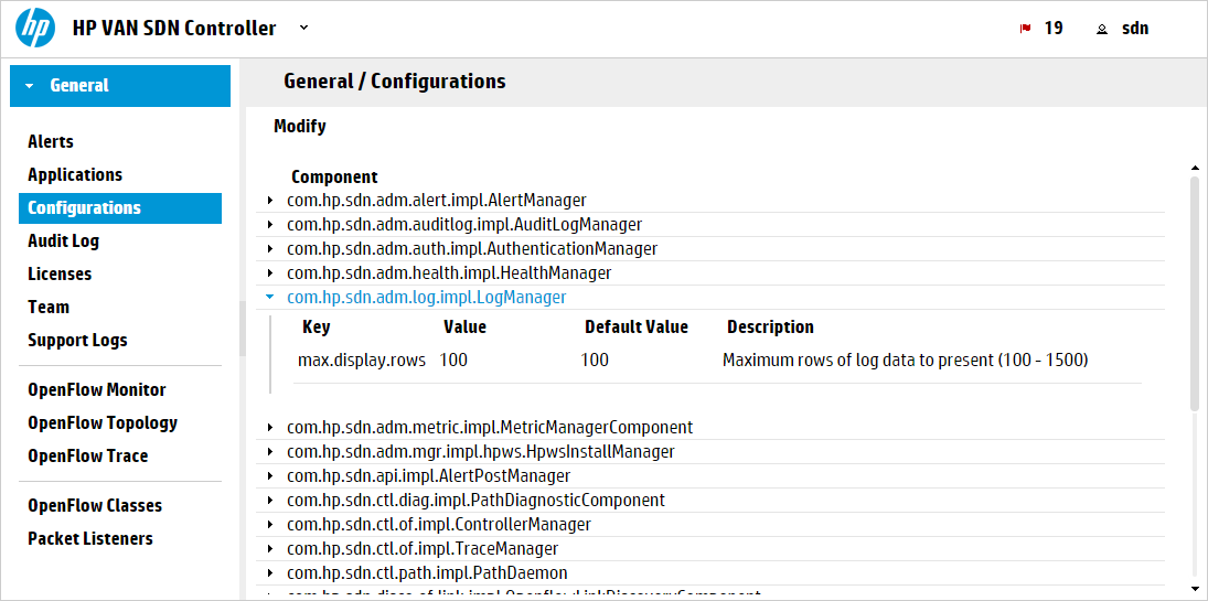 Configurations screen with LogManager component keys