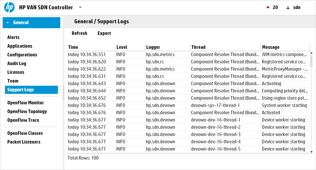 Support Logs screen example