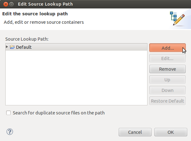 Edit Source Lookup Path dialog
