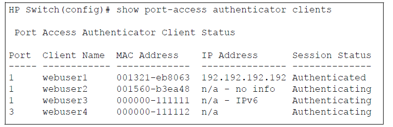 show port-access authenticator clients Command Output
