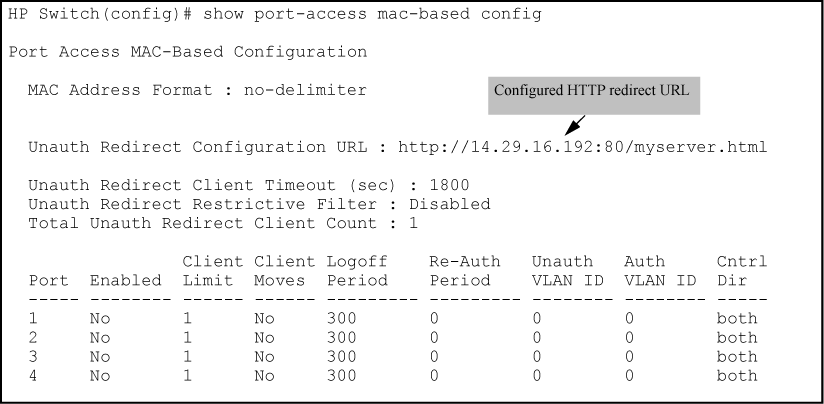 Show command displaying HTTP redirect configuration