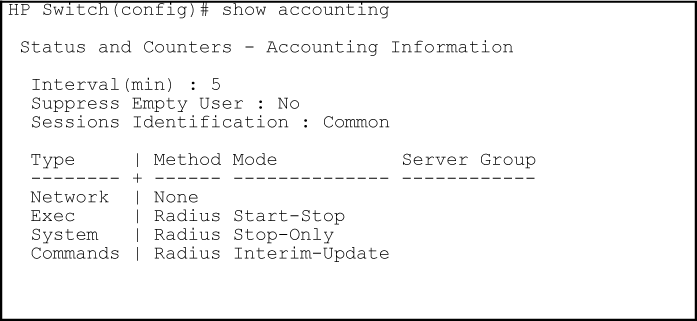 Listing the accounting configuration in the switch