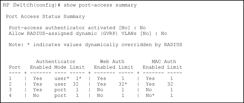 Example of summary configuration information showing RADIUS overridden client limits