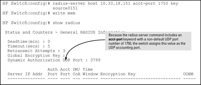 Example of configuring for a RADIUS Server with a non-default accounting UDP port number