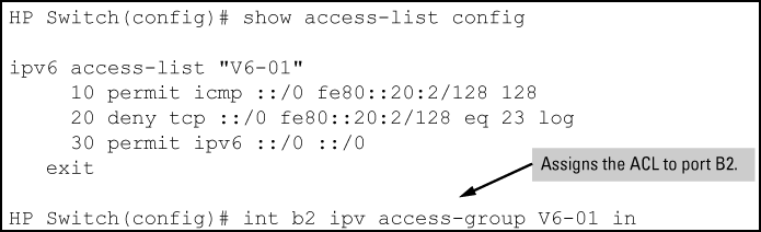 ACL "V6-01" and command for PACL assignment on port B2