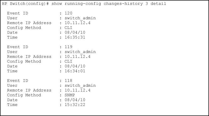 Detailed output for running configuration changes history