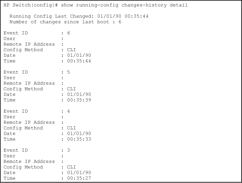 Example of output for running config changes history with detail