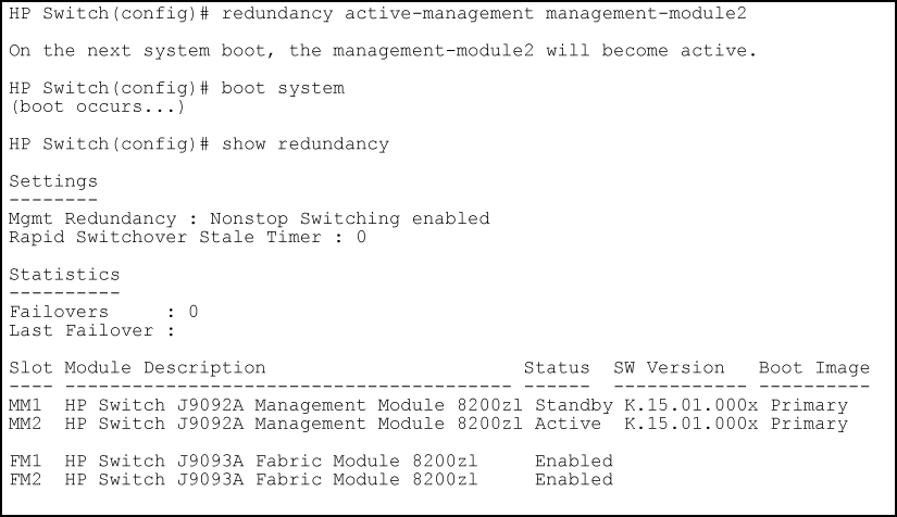 Setting a management module to be active on the next boot
