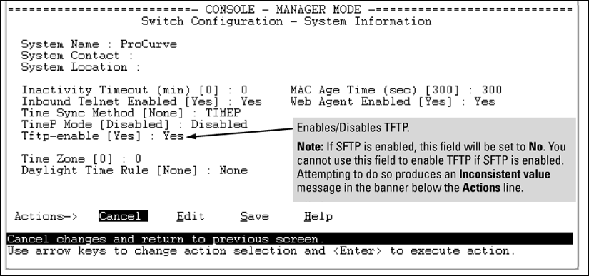Using the Menu interface to disable TFTP