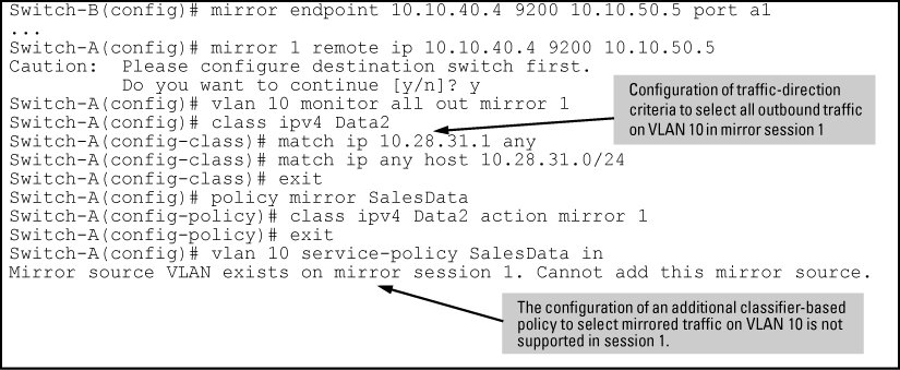 Mirroring configuration in which only traffic-selection criteria are supported