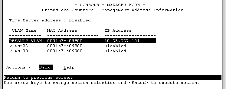 Example of management address information with VLANs configured