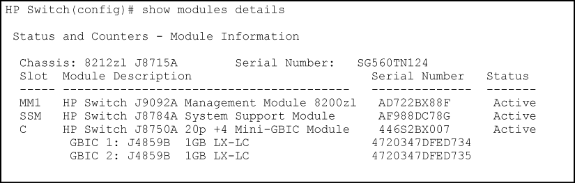 The show modules details command for the 8212zl, showing SSM and mini-GBIC information