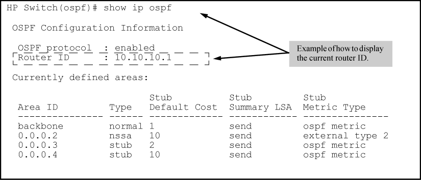 Example of show ip ospf command with router ID displayed