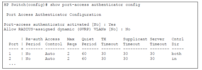 show port-access authenticator config Command