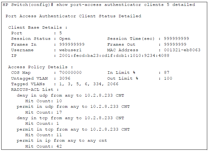 show port-access authenticator clients detailed Command Output