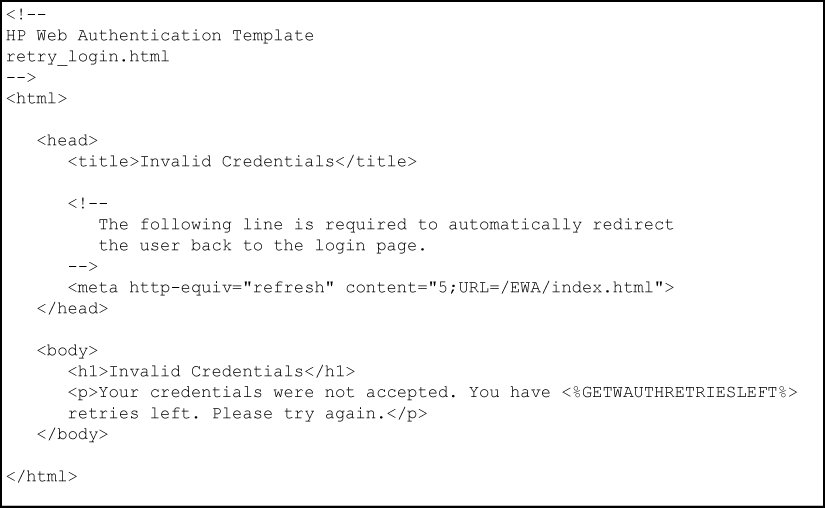 HTML code for invalid credentials page template
