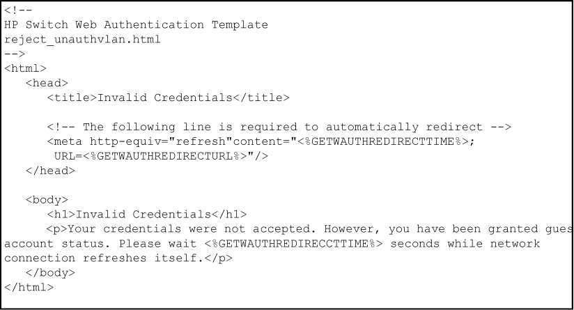 HTML code for Invalid Credentials page template