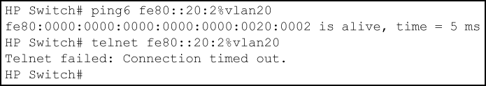 Ping and telnet from FE80::20:117 to FE80::20:2 filtered by the assignment of "V6-01" as a PACL on port B2