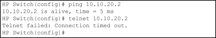 Ping and telnet from 10.10.20.4 to 10.10.20.2 filtered by the assignment of "Test-1" as a VACL on VLAN 20
