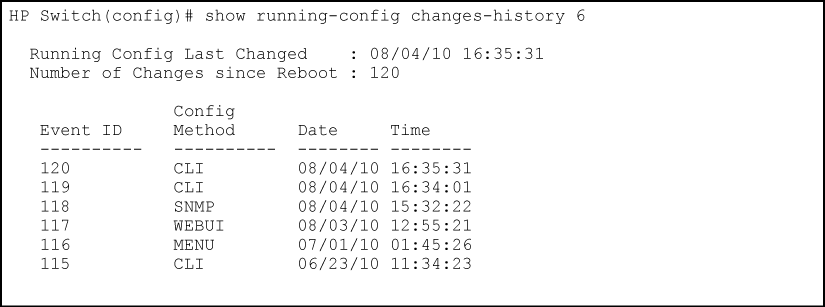 Example of output for running configuration changes history