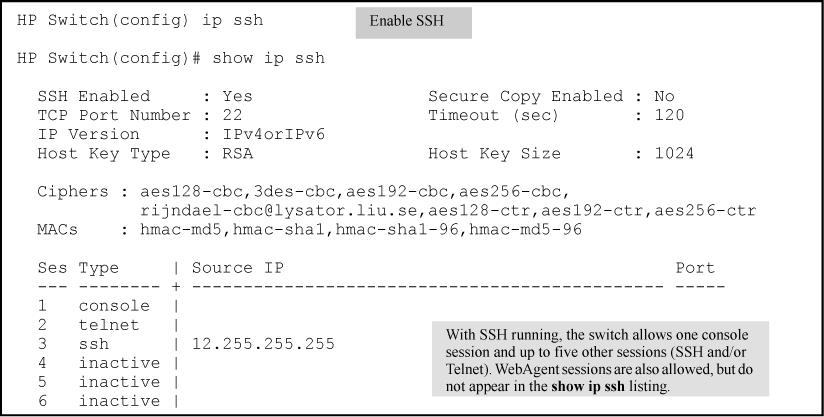 Enabling IP SSH and displaying the SSH configuration