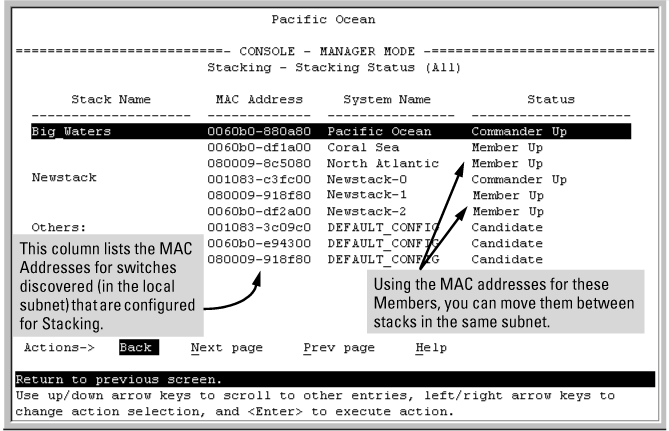 Using the Stacking Status (All) screen to find member MAC addresses