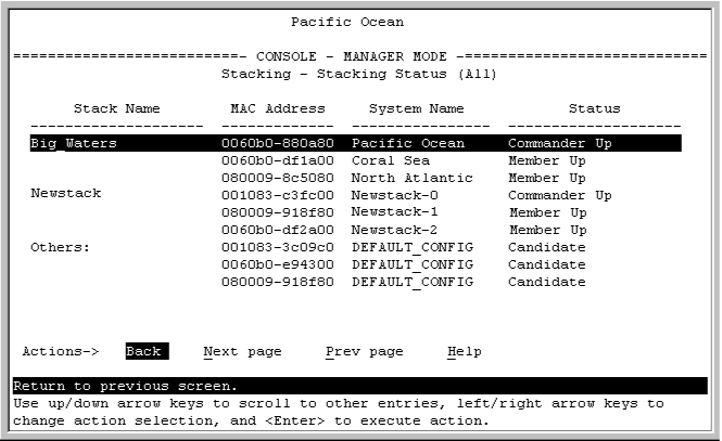 Stacking status for all detected switches configured for stacking