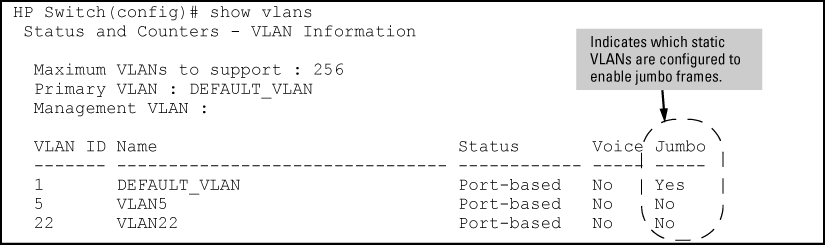Example: listing of static VLANs to show jumbo status per VLAN