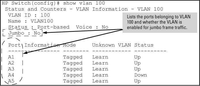 Example: of listing the port membership and jumbo status for a VLAN