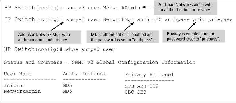 Adding SNMPv3 users and displaying SNMPv3 configuration