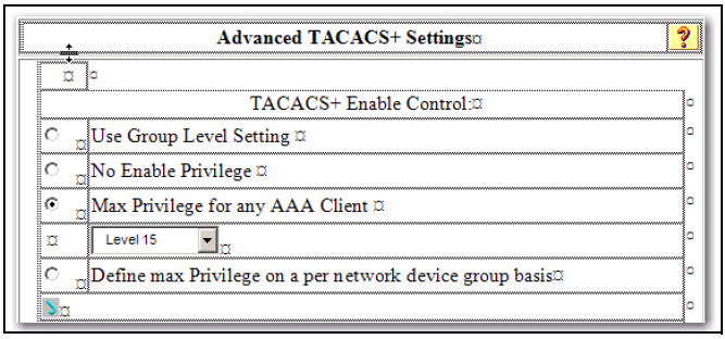 Advanced TACACS+ settings section of the TACACS+ server user setup
