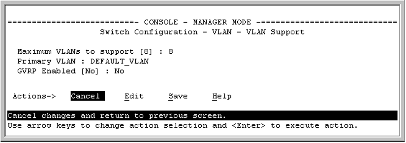 The default VLAN support screen