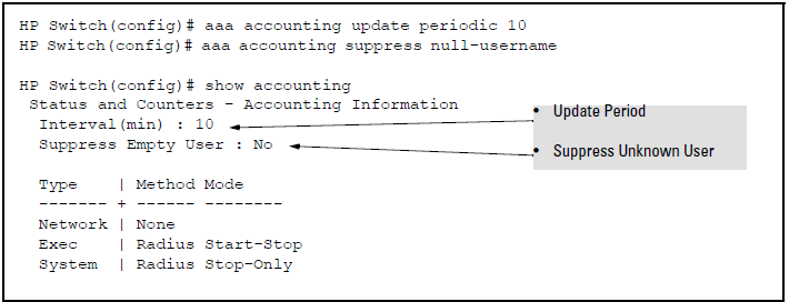 Example of optional accounting update period and accounting suppression on unknown user