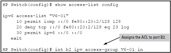 ACL “V6-01” and command for PACL assignment on Port B2
