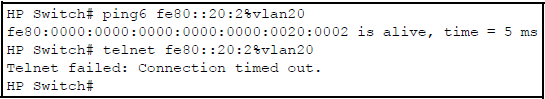 Ping and Telnet from FE80::20:117 to FE80::20:2 filtered by the assignment of “V6-01” as a PACL on Port B2