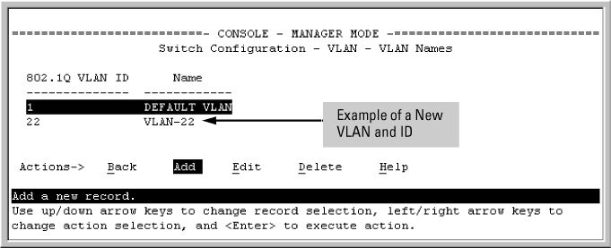 VLAN Names screen with a new VLAN added