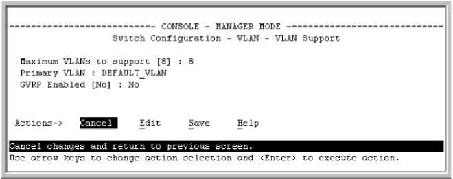 The VLAN Support screen (default configuration)