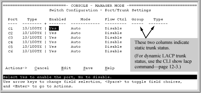 Example: of the menu screen for configuring a port trunk group