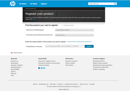 HP Website für die Produktregistrierung