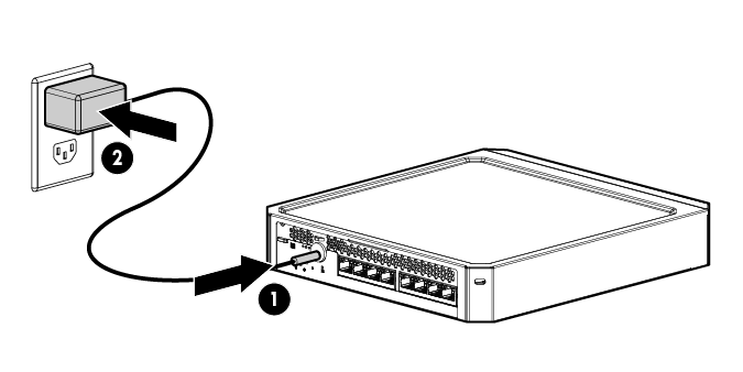 Conexión del adaptador de alimentación conectado a la toma de suministro eléctrico al conmutador